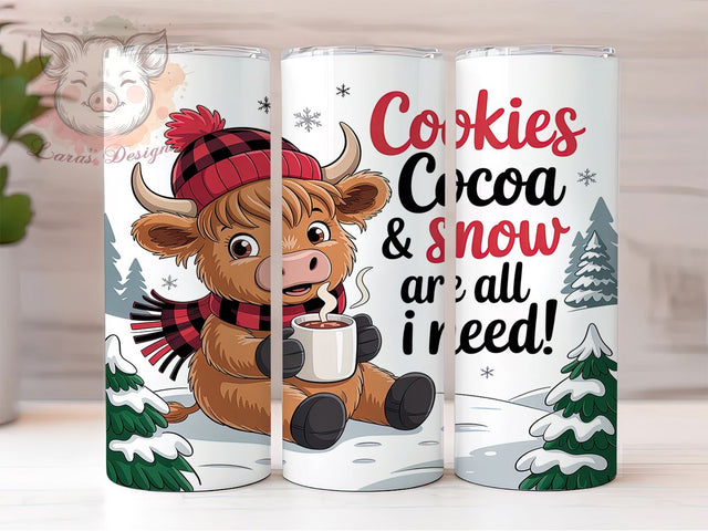 Hot Cocoa Highland Cow Tumbler, Highland Cow Sublimation Design, Cozy Winter Cow Art, 20oz Christmas Tumbler, Whimsical Cocoa Mug, Rustic Cow Cup, Festive Holiday Wrap Sublimation Lara' s Designs 