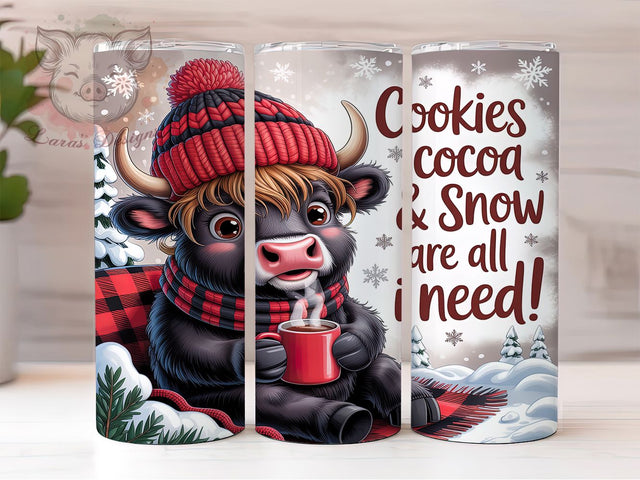 Hot Cocoa Highland Cow Tumbler, Highland Cow Sublimation Design, Cozy Winter Cow Art, 20oz Christmas Tumbler, Whimsical Cocoa Mug, Rustic Cow Cup, Festive Holiday Wrap Sublimation Lara' s Designs 