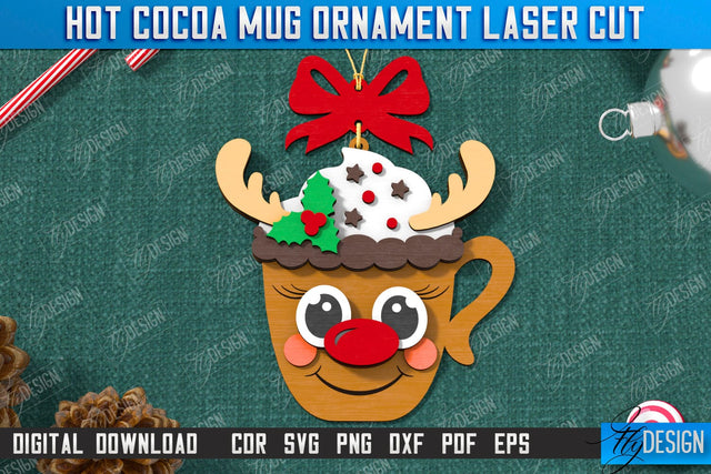 Hot Cocoa Mug Ornament Laser Cut | Cup Pendant | Hanging Tree Toy | Christmas Ornament CNC File SVG Fly Design 