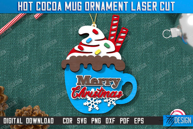 Hot Cocoa Mug Ornament Laser Cut | Cup Pendant | Hanging Tree Toy | Christmas Ornament CNC File SVG Fly Design 