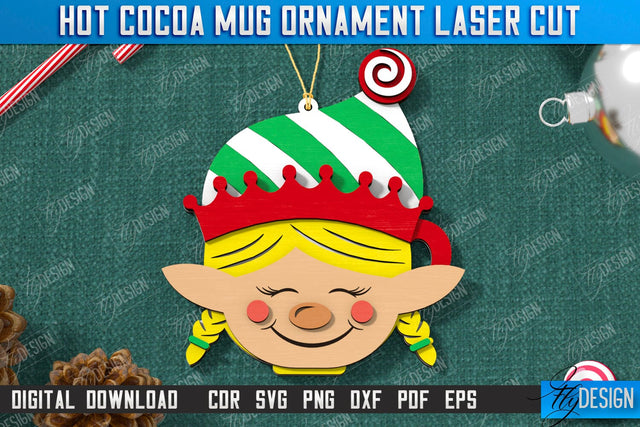 Hot Cocoa Mug Ornament Laser Cut | Cup Pendant | Hanging Tree Toy | Christmas Ornament CNC File SVG Fly Design 