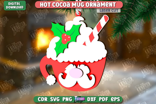 Hot Cocoa Mug Ornament Laser Cut | Cup Pendant | Hanging Tree Toy | Christmas Ornament CNC File SVG The T Store Design 