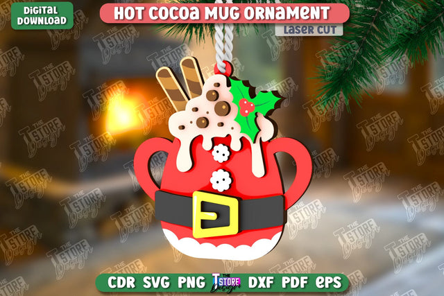 Hot Cocoa Mug Ornament Laser Cut | Cup Pendant | Hanging Tree Toy | Christmas Ornament CNC File SVG The T Store Design 