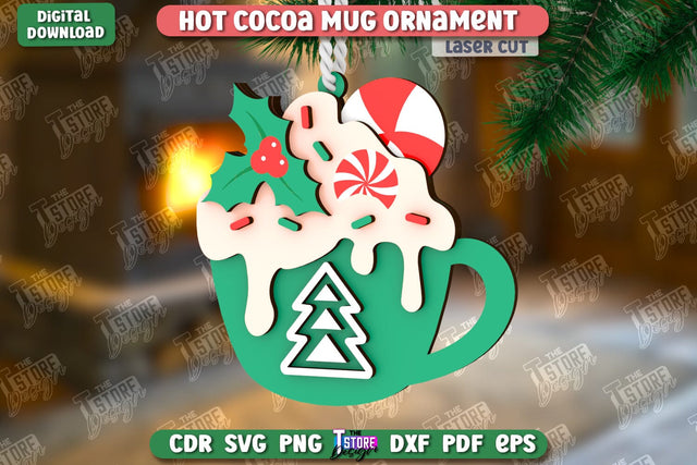 Hot Cocoa Mug Ornament Laser Cut | Cup Pendant | Hanging Tree Toy | Christmas Ornament CNC File SVG The T Store Design 