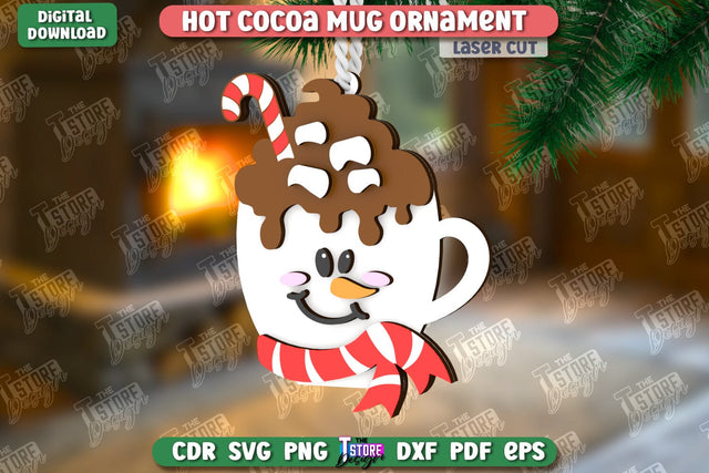 Hot Cocoa Mug Ornament Laser Cut | Cup Pendant | Hanging Tree Toy | Christmas Ornament CNC File SVG The T Store Design 