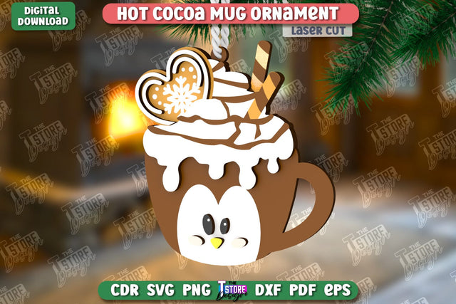 Hot Cocoa Mug Ornament Laser Cut | Cup Pendant | Hanging Tree Toy | Christmas Ornament CNC File SVG The T Store Design 