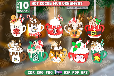 Hot Cocoa Mug Ornaments Laser Cut Bundle | Cup Pendant | Hanging Tree Toy | Christmas Ornament CNC Files SVG The T Store Design 