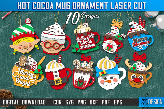 Hot Cocoa Mug Ornaments Laser Cut Bundle | Cup Pendant | Hanging Tree Toys | Christmas Ornament | CNC Files SVG Fly Design 