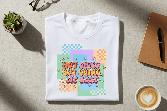 Hot Mess But Doing My Best PNG, Retro Pastel Quote Clipart, Aesthetic Checkered Design, Funny Sublimation File, Digital Download SVG TiffsCraftyCreations 