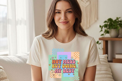 Hot Mess But Doing My Best PNG, Retro Pastel Quote Clipart, Aesthetic Checkered Design, Funny Sublimation File, Digital Download SVG TiffsCraftyCreations 