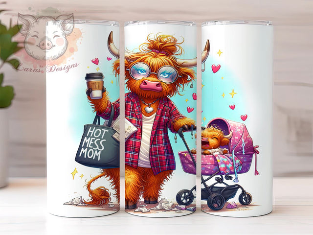 Hot Mess Mom Highland Cow 20oz Tumbler Wrap, Hot Mess Mom Tumbler, Highland Cow Design, Funny Mom Gift, 20oz Sublimation, Cow Decor, Mama Tumbler Wrap, Unique Drinkware Sublimation Lara' s Designs 