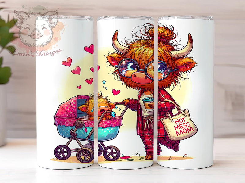 Hot Mess Mom Highland Cow 20oz Tumbler Wrap, Hot Mess Mom Tumbler, Highland Cow Design, Funny Mom Gift, 20oz Sublimation, Cow Decor, Mama Tumbler Wrap, Unique Drinkware Sublimation Lara' s Designs 