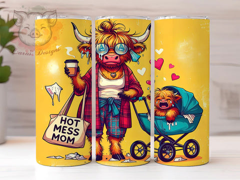 Hot Mess Mom Highland Cow 20oz Tumbler Wrap, Hot Mess Mom Tumbler, Highland Cow Design, Funny Mom Gift, 20oz Sublimation, Cow Decor, Mama Tumbler Wrap, Unique Drinkware Sublimation Lara' s Designs 