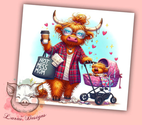 Hot Mess Mom Highland Cow 20oz Tumbler Wrap, Hot Mess Mom Tumbler, Highland Cow Design, Funny Mom Gift, 20oz Sublimation, Cow Decor, Mama Tumbler Wrap, Unique Drinkware Sublimation Lara' s Designs 