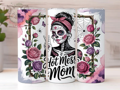 Hot Mess Mom Sugar Skull 20oz Tumbler, Mother’s Day, Messy Bun, Bandana Headband, Sugar Skull Face, Skinny Tumbler, Sublimation PNG Sublimation Lara' s Designs 