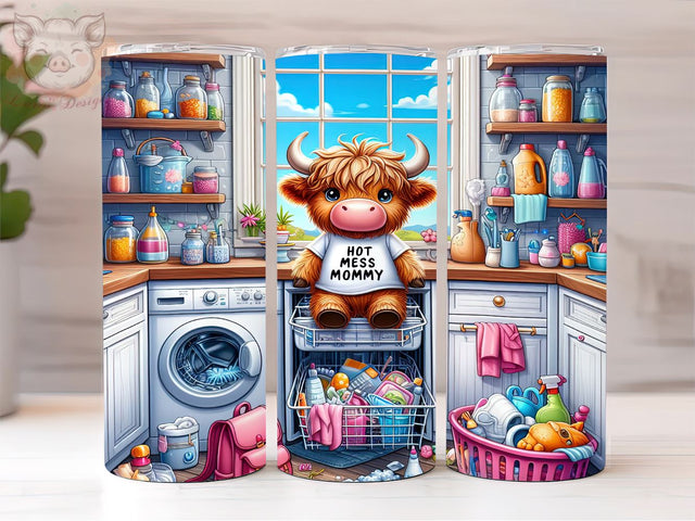 Hot Mess Mommy Highland Cow 20oz Tumbler Png, Straight & Tapered Tumbler Png, Mama Highland Cow Tumbler Png, Digital Download PNG Sublimation Lara' s Designs 