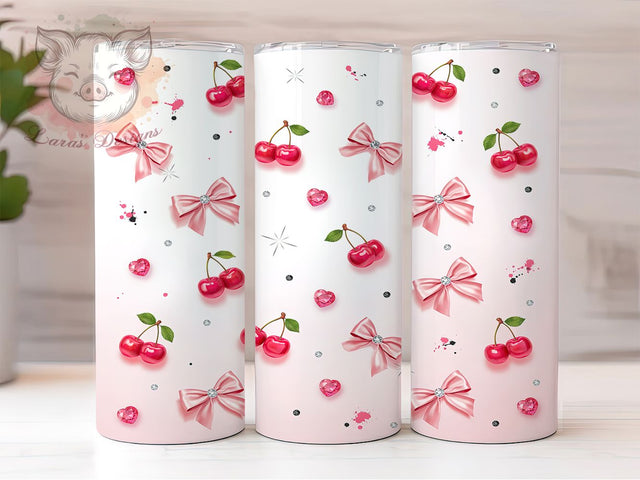 Hot Pink Cherry Rhinestone Bow 20oz Tumbler, Hot Pink, Cherry Design, Rhinestone Bow, Sublimation Wrap, 20oz Tumbler, Glam Aesthetic, Sparkling Charm Sublimation Lara' s Designs 