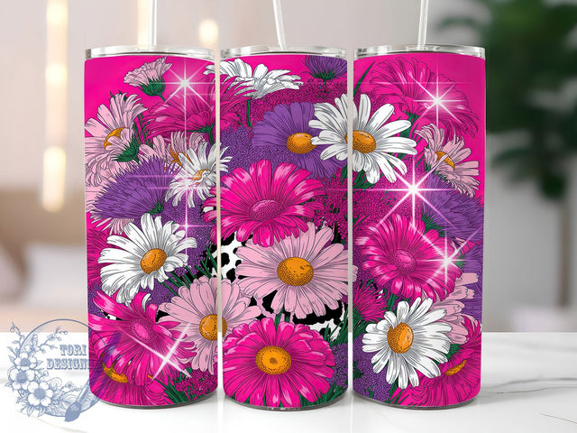 Hot Pink Daisy Sparkle Bloom 20oz Tumbler, Sparkle Floral, Wildflower Bloom, Bold Colors, Dense Arrangement, Skinny Tumbler, Sublimation PNG Sublimation ToriDesigns 