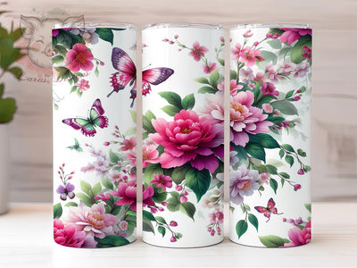 Hot Pink Floral Butterfly 20oz Tumbler, Floral Cup Wrap, Bright Butterfly Design, Sublimation Tumbler Wrap, 20Oz Tumbler Design, Artistic Floral Cup, Stylish Pink Butterfly Wrap Sublimation Lara' s Designs 