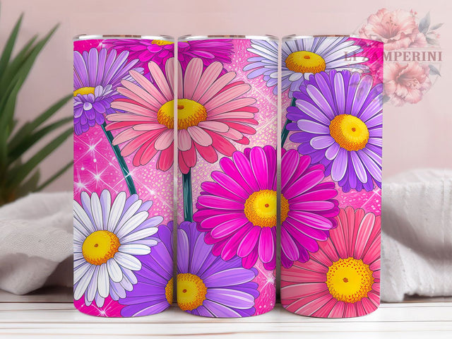Hot Pink Glitter Daisy Tumbler, Sparkle Floral Design, Pink Daisy Pattern, 20Oz Sublimation Wrap, Glitter Daisy Art, Bright Floral Texture, Tumbler Sublimation Sublimation Li Zamperini 