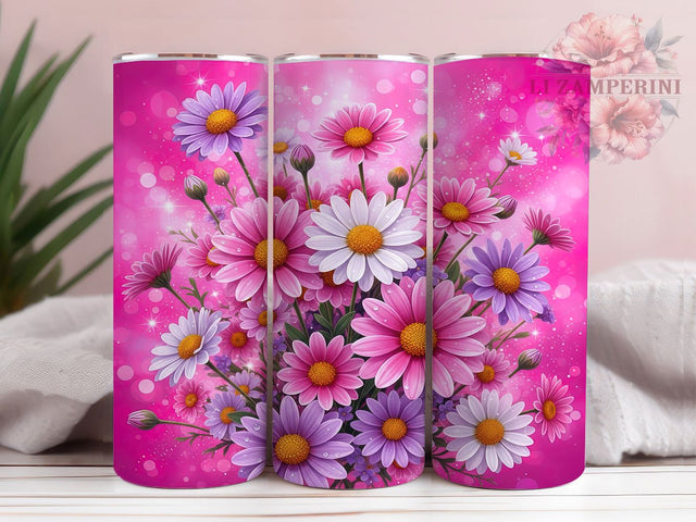 Hot Pink Glitter Daisy Tumbler, Sparkle Floral Design, Pink Daisy Pattern, 20Oz Sublimation Wrap, Glitter Daisy Art, Bright Floral Texture, Tumbler Sublimation Sublimation Li Zamperini 