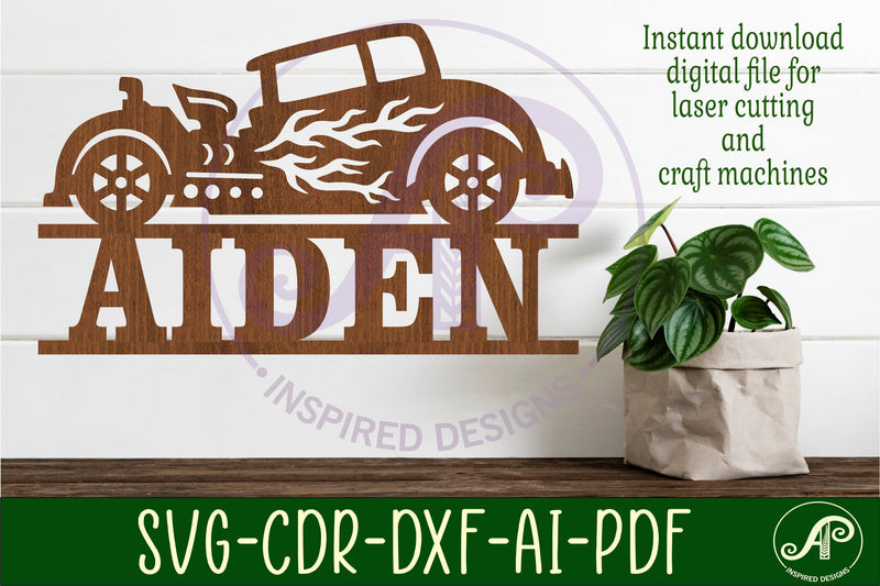 Hot Rod race car name sign svg laser cut file - So Fontsy