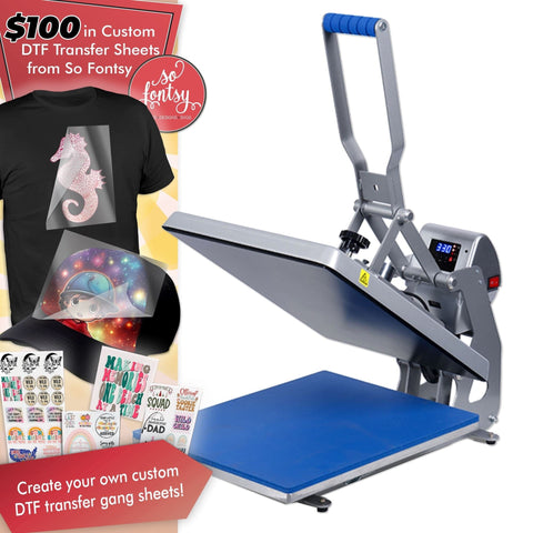 Hotronix Automatic Clam Heat Press - 16″ x 20″ with $100 in DTF Custom Transfers Physical Swing Design 