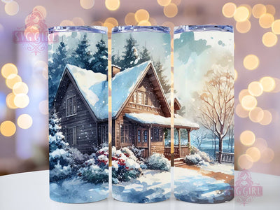 House In A Snowy Forest Watercolor Xmas Tumbler Sublimation Seamless Designs, Christmas 20oz Skinny Tumbler Sublimation SvggirlplusArt 