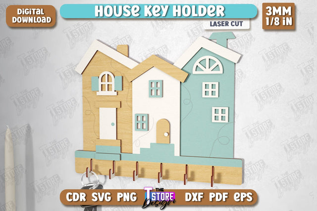 House Key Holder Laser Cut | Wall Key Hanger | Wall-Mounted Key Holder | CNC File SVG The T Store Design 