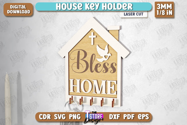 House Key Holder Laser Cut | Wall Key Hanger | Wall-Mounted Key Holder | CNC File SVG The T Store Design 