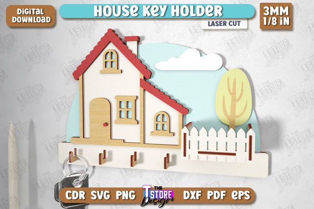 House Key Holder Laser Cut | Wall Key Hanger | Wall-Mounted Key Holder | CNC File SVG The T Store Design 