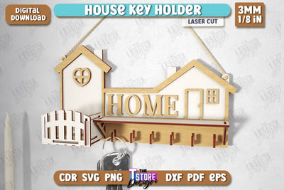 House Key Holder Laser Cut | Wall Key Hanger | Wall-Mounted Key Holder | CNC File SVG The T Store Design 