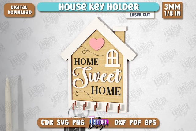 House Key Holder Laser Cut | Wall Key Hanger | Wall-Mounted Key Holder | CNC File SVG The T Store Design 
