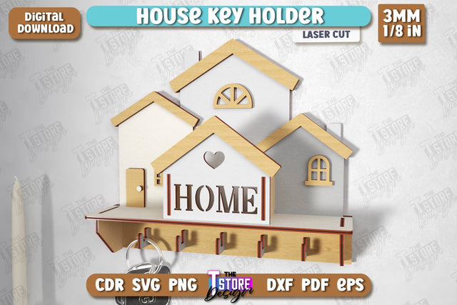 House Key Holder Laser Cut | Wall Key Hanger | Wall-Mounted Key Holder | CNC File SVG The T Store Design 