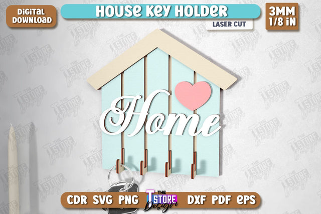 House Key Holder Laser Cut | Wall Key Hanger | Wall-Mounted Key Holder | CNC File SVG The T Store Design 