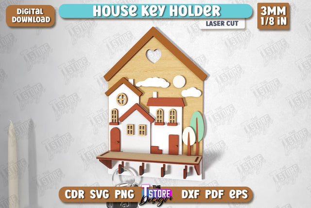 House Key Holder Laser Cut | Wall Key Hanger | Wall-Mounted Key Holder | CNC File SVG The T Store Design 