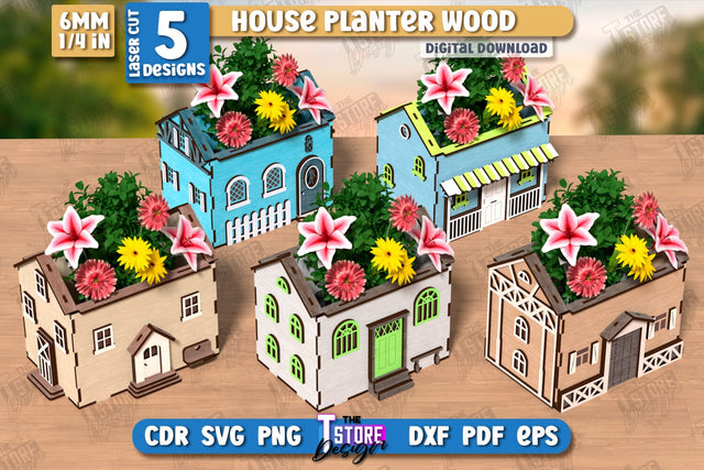 House Planter Wood Laser Cut Bundle | Flower Holders | Home Garden | Home Decorations | CNC File SVG The T Store Design 