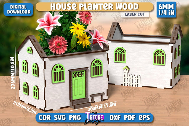 House Planter Wood Laser Cut | Flower Holder | Home Garden | Home Decorations | CNC File SVG The T Store Design 