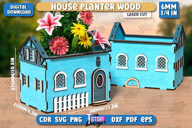House Planter Wood Laser Cut | Flower Holder | Home Garden | Home Decorations | CNC File SVG The T Store Design 