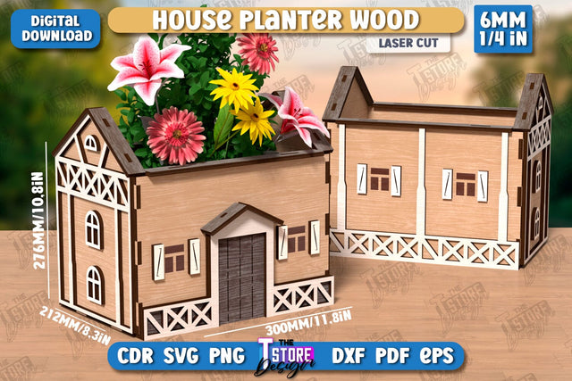 House Planter Wood Laser Cut | Flower Holder | Home Garden | Home Decorations | CNC File SVG The T Store Design 