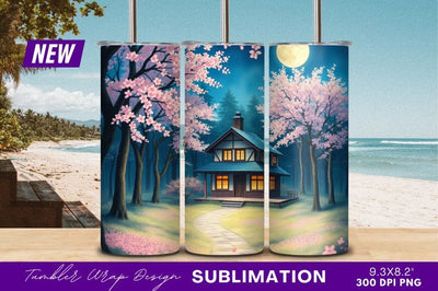 House With Cherry Blossoms Under Full Moon Sublimation Regulrcrative 