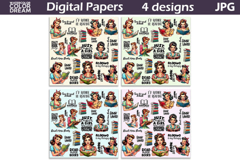 Housewife Book Digital Paper | Book Lover Background Sublimation WatercolorColorDream 