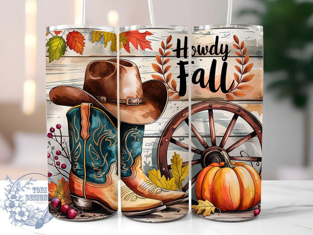 Howdy Fall 20oz Skinny Tumbler PNG, Cowgirl Hat Country Western Autumn Leaves Tumbler Sublimation Wrap, Straight & Tapered Tumbler Wrap, Instant Digital Download Sublimation ToriDesigns 