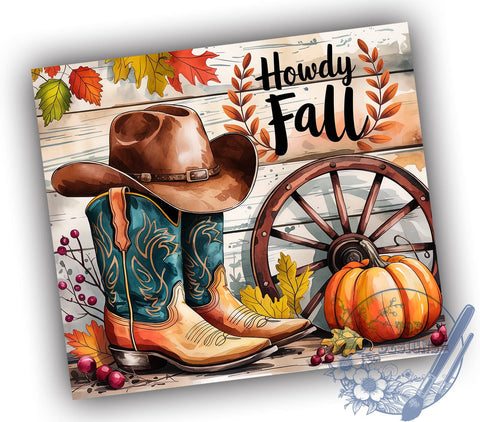 Howdy Fall 20oz Skinny Tumbler PNG, Cowgirl Hat Country Western Autumn Leaves Tumbler Sublimation Wrap, Straight & Tapered Tumbler Wrap, Instant Digital Download Sublimation ToriDesigns 