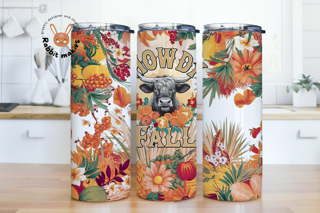 Howdy Fall Tumbler PNG, Cow Sublimation Tumbler Design, Western Tumbler Wrap, Autumn 20oz Skinny Tumbler Sublimation Rabbitmakies 