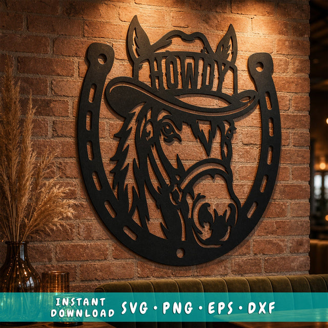 Howdy Horse Laser SVG | Western Horse DXF | Cowboy Horseshoe Svg | Ranch Metal Art | CNC Plasma Cut File | Farmhouse Wall Decor SVG HappyDesignStudio 