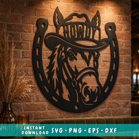 Howdy Horse Laser SVG | Western Horse DXF | Cowboy Horseshoe Svg | Ranch Metal Art | CNC Plasma Cut File | Farmhouse Wall Decor SVG HappyDesignStudio 