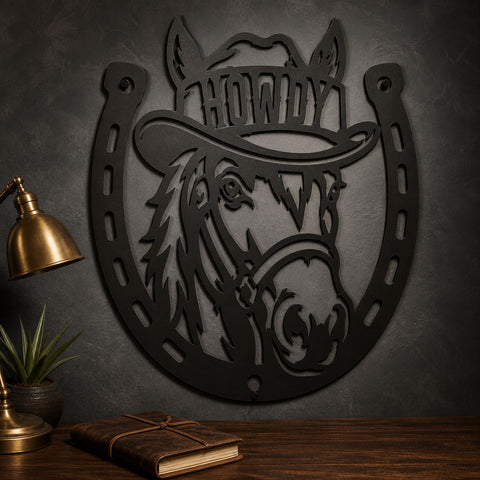 Howdy Horse Laser SVG | Western Horse DXF | Cowboy Horseshoe Svg | Ranch Metal Art | CNC Plasma Cut File | Farmhouse Wall Decor SVG HappyDesignStudio 