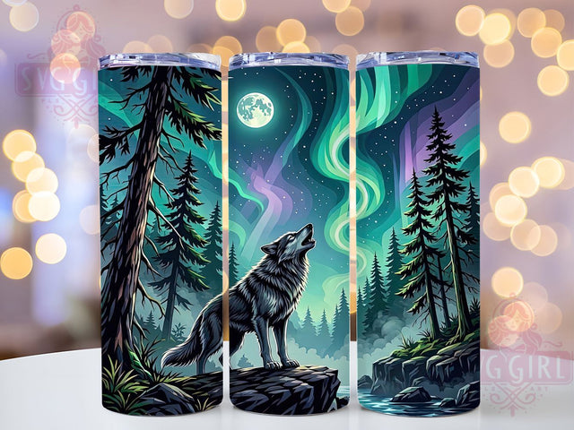 Howling Wolf & Aurora 20oz Tumbler, Howling Wolf, Aurora Borealis, Mystical Theme, Sublimation Wrap, 20oz Tumbler, Night Sky Aesthetic, Enchanted Design Sublimation SvggirlplusArt 
