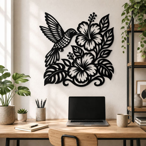 Hummingbird and Hibiscus Laser SVG | Tropical Floral Metal Wall Art DXF | Plasma CNC Laser Cut File | Garden Bird Wall Decor Svg Eps Png SVG HappyDesignStudio 